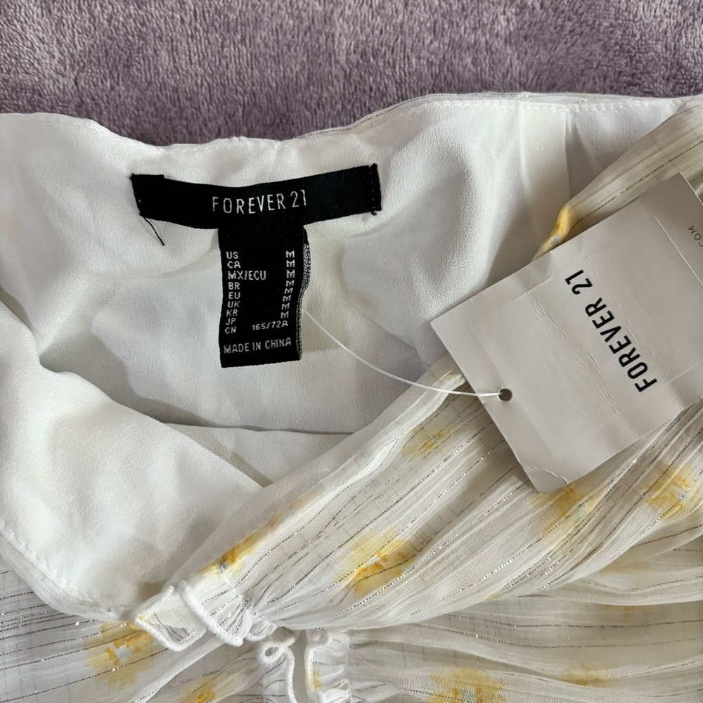 Forever 21 White Yellow Floral Ruched Ruffle Mini Skirt Metallic Stripe Medium - Picture 2 of 7